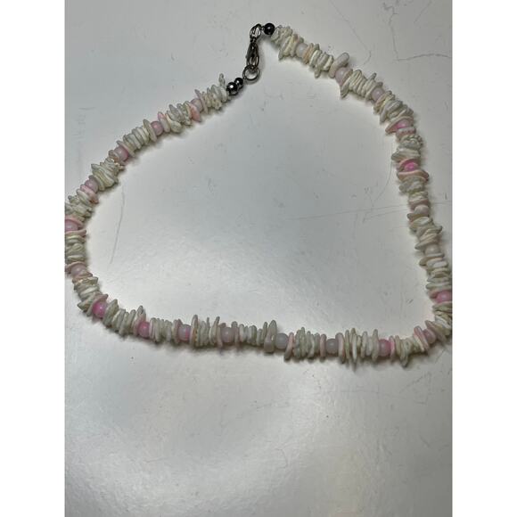 white shell necklace beach vacation costume jewelry puca pucka w pink beads - Picture 2 of 8